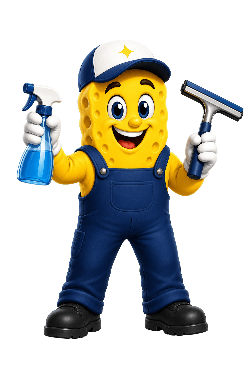Friendly Yozab Cleaning mascot holding a spray bottle and squeegee